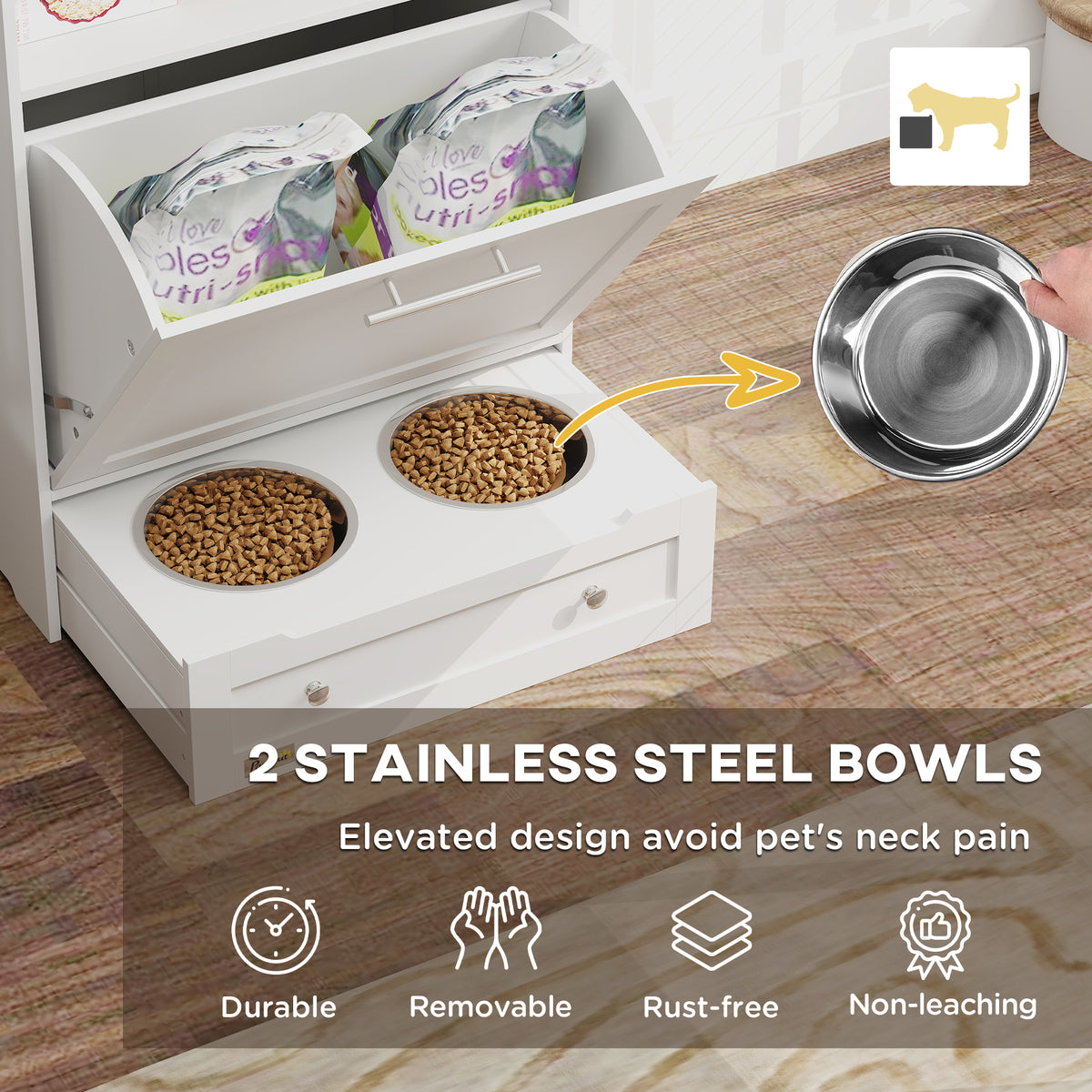 Pet Feeder Station Storage Cabinet, Dog Food Storage Container with Dog Raised Bowls, Watering Supplies, Gray