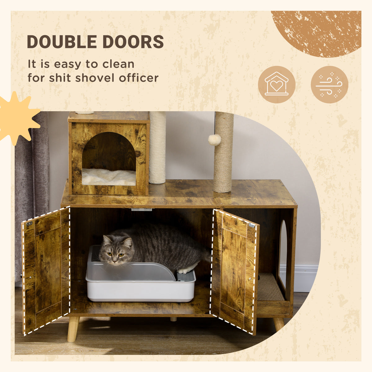 Litter Box Enclosure with Cat Tree Tower, Hidden Cat Washroom Furniture with Condo, Scratching Posts, Large Platform, Hammock and Soft Cushion, Rustic Brown