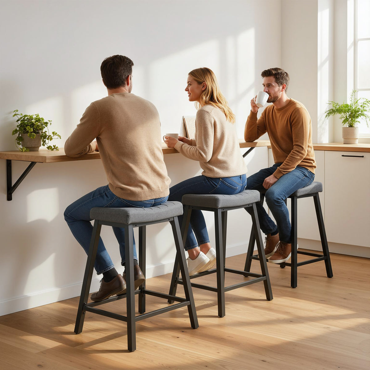 Set of 3 Bar Stools, Velvet Upholstered Counter Stools with Curved Seat and Footrest for Kitchen Island, Grey