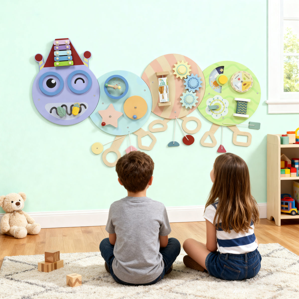 Qaba Caterpillar Montessori Busy Board, 7 in 1 Sensory Wall for Playroom Nursery Classroom, for Toddlers 3+ Years
