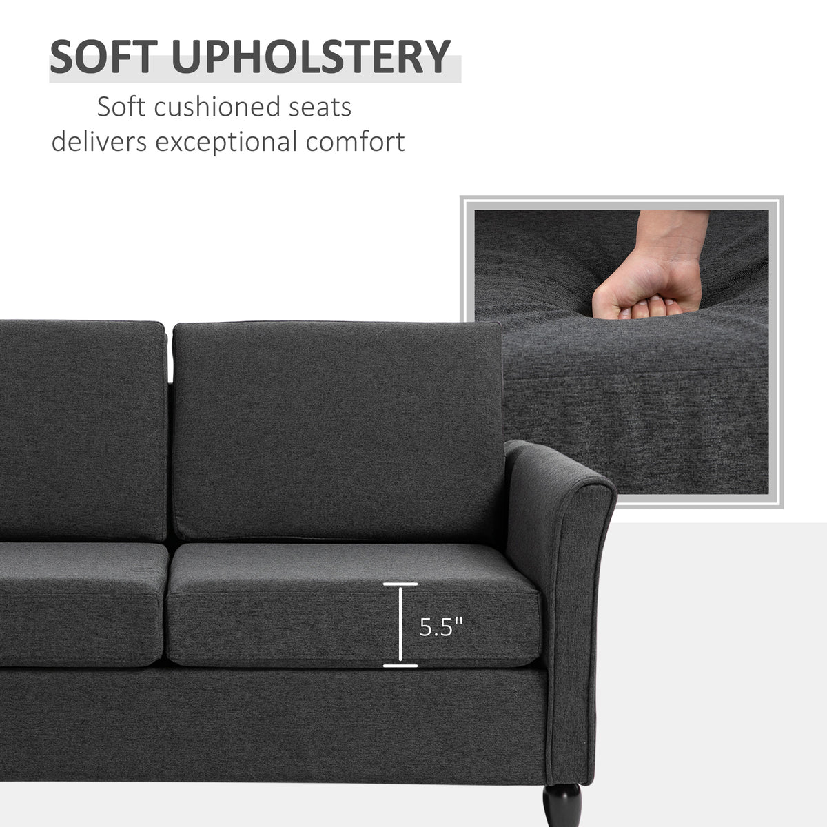 2-Seat Sofa Two-Seater Couch with Armrests and Wood Legs for Living Room, Bedroom, Dark Grey – view 3