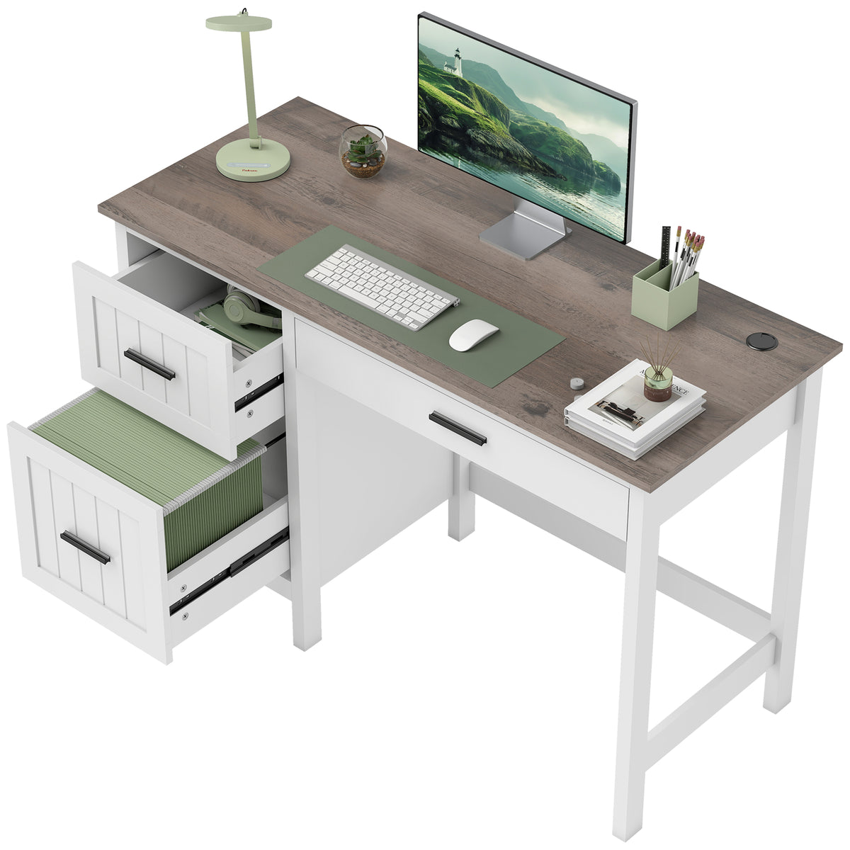 Computer Desk with 3 Drawers, Farmhouse Home Office Desk with File Drawer and Wood Grain Top for Small Spaces, White