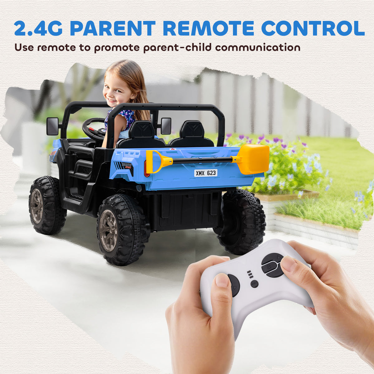 Aosom 12V Ride on Car with Electric Bucket, Two-Seater, Shovel, Remote Control, Spring Suspension, Horn, Music