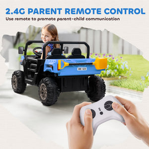 Aosom 12V Ride on Car with Electric Bucket, Two-Seater, Shovel, Remote Control, Spring Suspension, Horn, Music