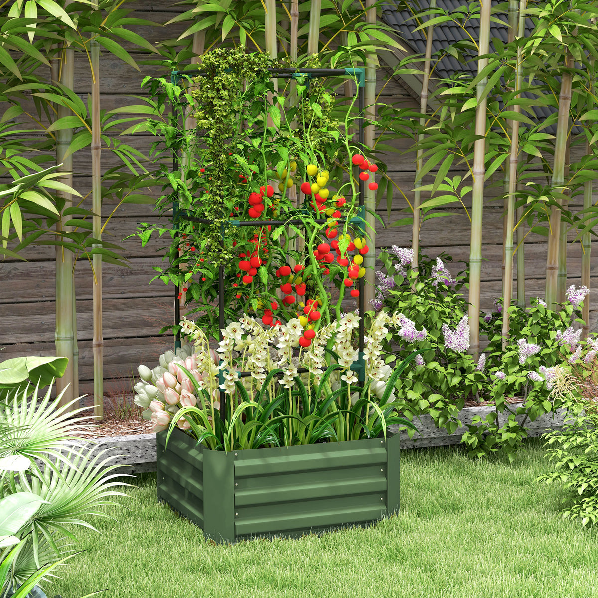 Galvanized Planter Box, Outdoor Raised Garden Bed with 3-Tier Trellis Tomato Cage for Climbing Vines – view 21