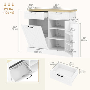 10 Gallon Hidden Garbage Bin Cabinet, Tilt Out Trash Cabinet w/ 2 Drawers, Freestanding Kitchen Island – view 9