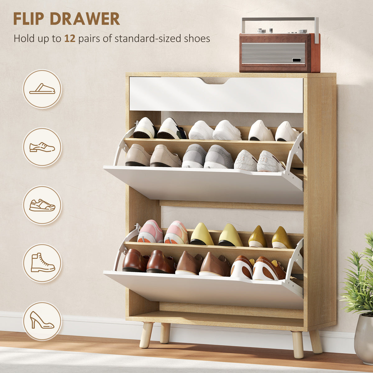 Narrow Shoe Cabinet for Entryway with 2 Flip Drawers, Top Drawer and Adjustable Shelves for 12 Pairs of – view 10