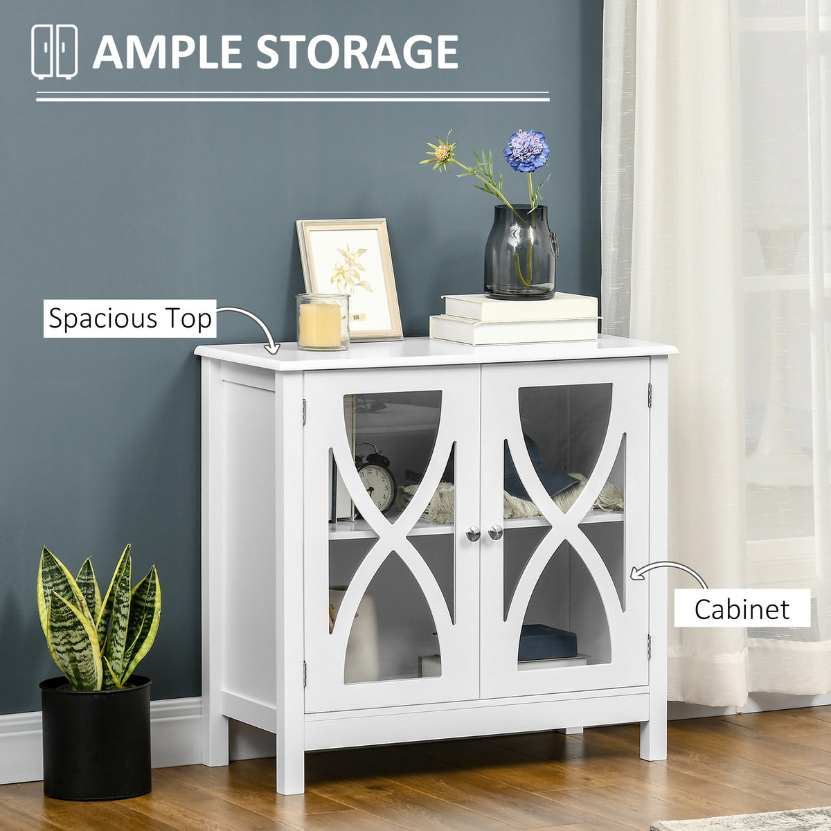 Kitchen Sideboard, Glass Door Buffet Cabinet, Bathroom Storage Cabinet with Adjustable Storage Shelf for Dining Room, Living Room, White