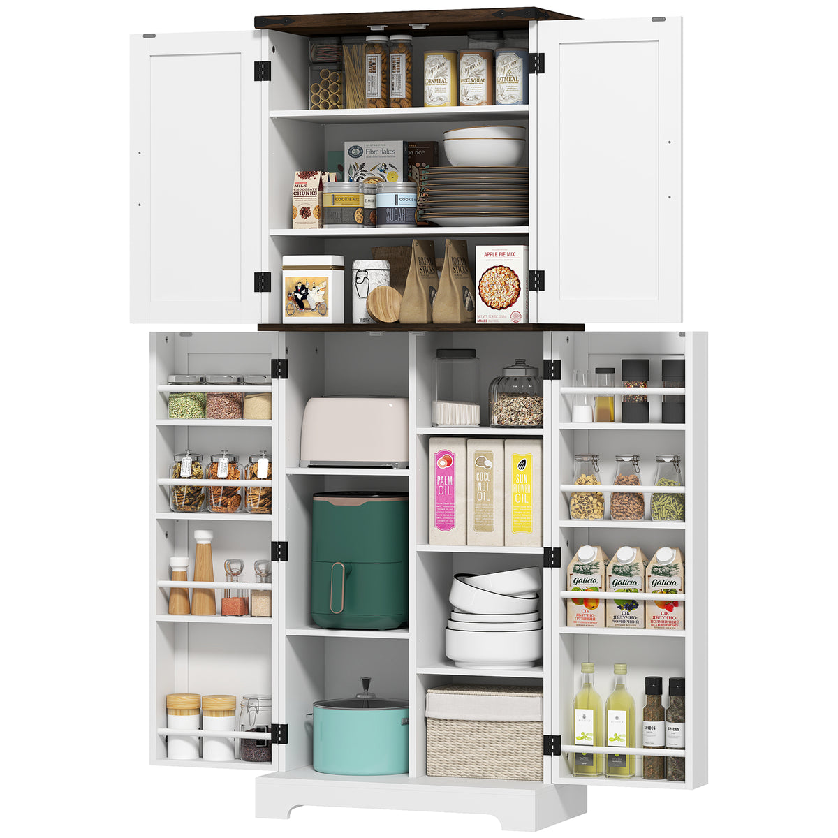 64" Tall Kitchen Pantry Cabinet with Spice Racks and Adjustable Shelves, Black Wood Grain