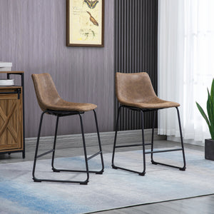 Counter Height Bar Stools Set of 2, Vintage PU Leather Bar Chairs, Kitchen Stools w/ Footrest for Home Bar, Brown