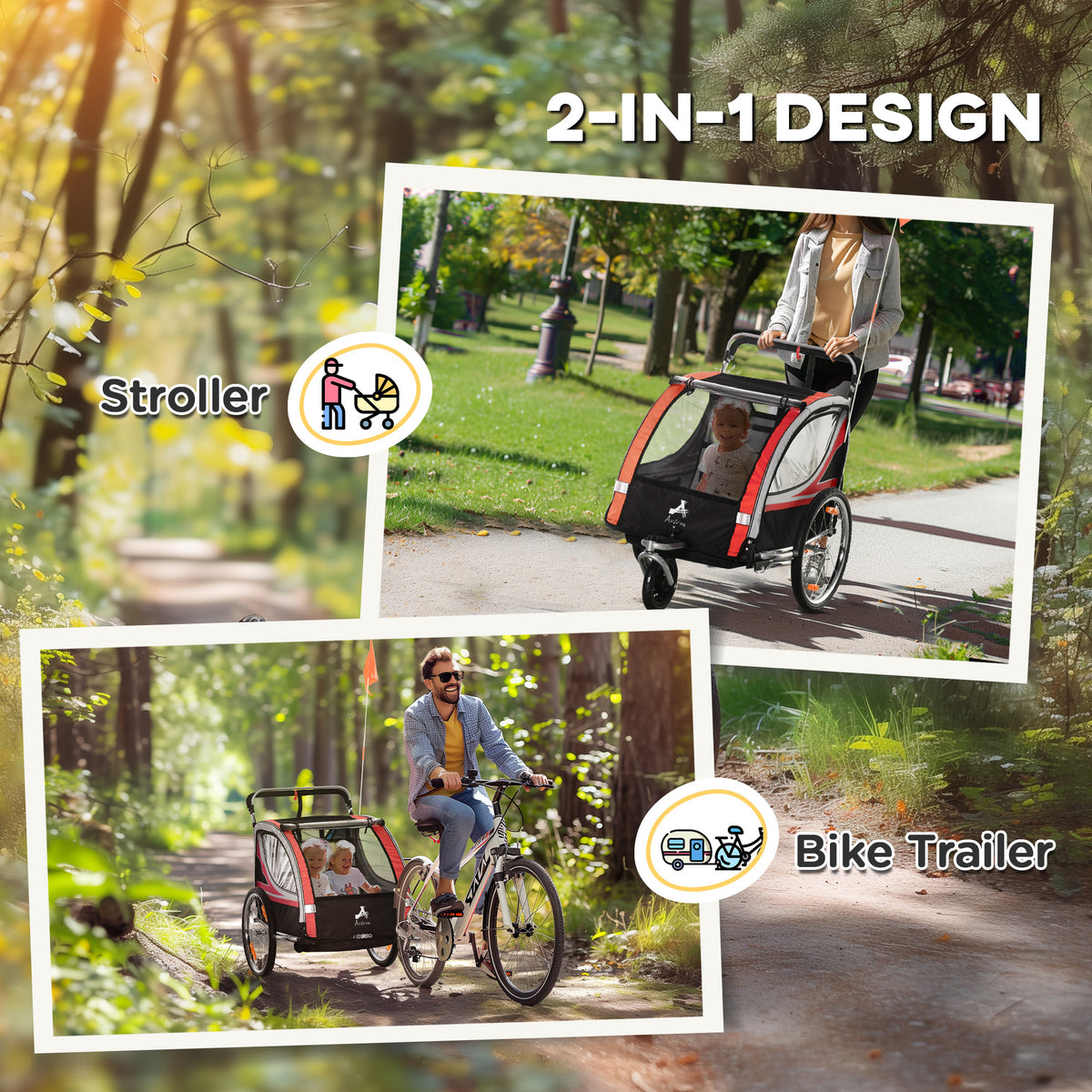 Aosom 2 Seat Bike Trailer for Kids 2-in-1 Double Baby Stroller with Handbrake, Rubber Wheels, 5 Point Harness, Waterproof Cover, Storage Bag, Reflectors