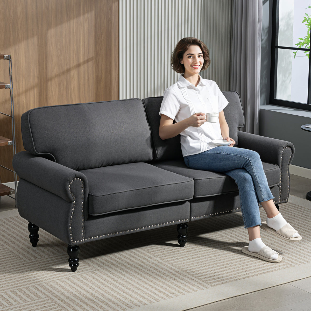 Stylish Midback Double Sofa with Sponge Padding, 2 Seater Sofa Couch, with Rubber Wood Leg, Grey