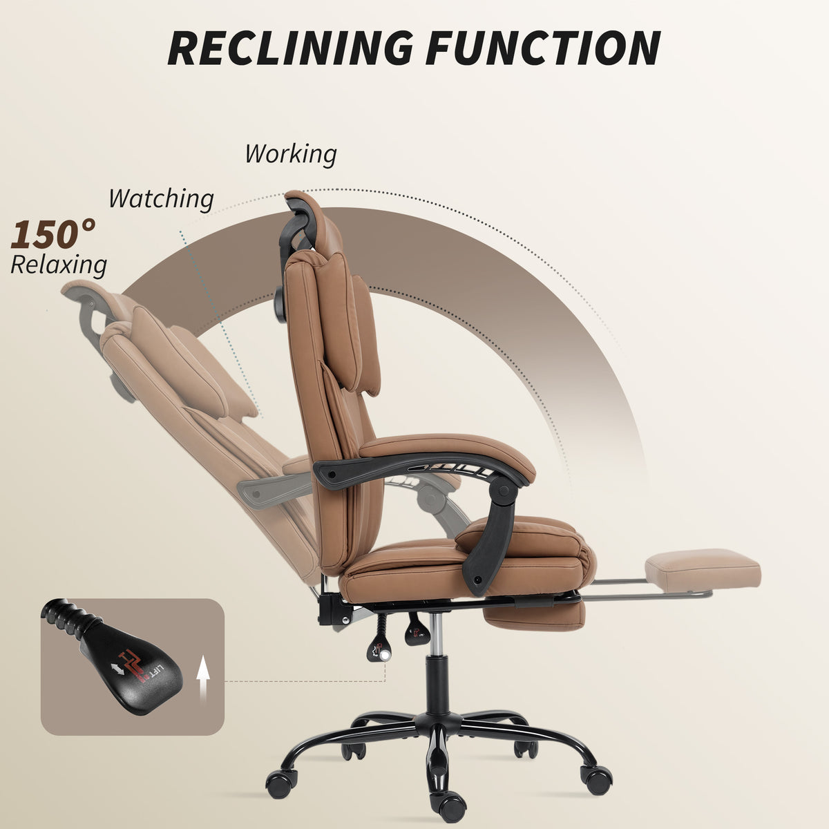 Reclining Office Chair, Executive Desk Chair with Pet-Friendly Fabric, Headrest, Footrest, Swivel Wheels – view 13