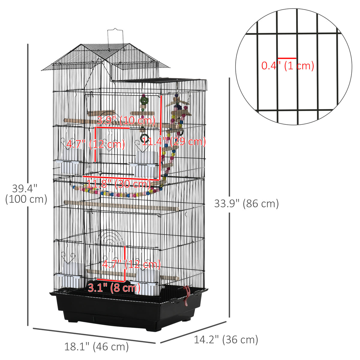39" Bird Cage for Budgie, Cockatiel, Conure, Small Birds, with Ladder, Swing, Toys, Perches, Tray, Feeding Bowls, Handle