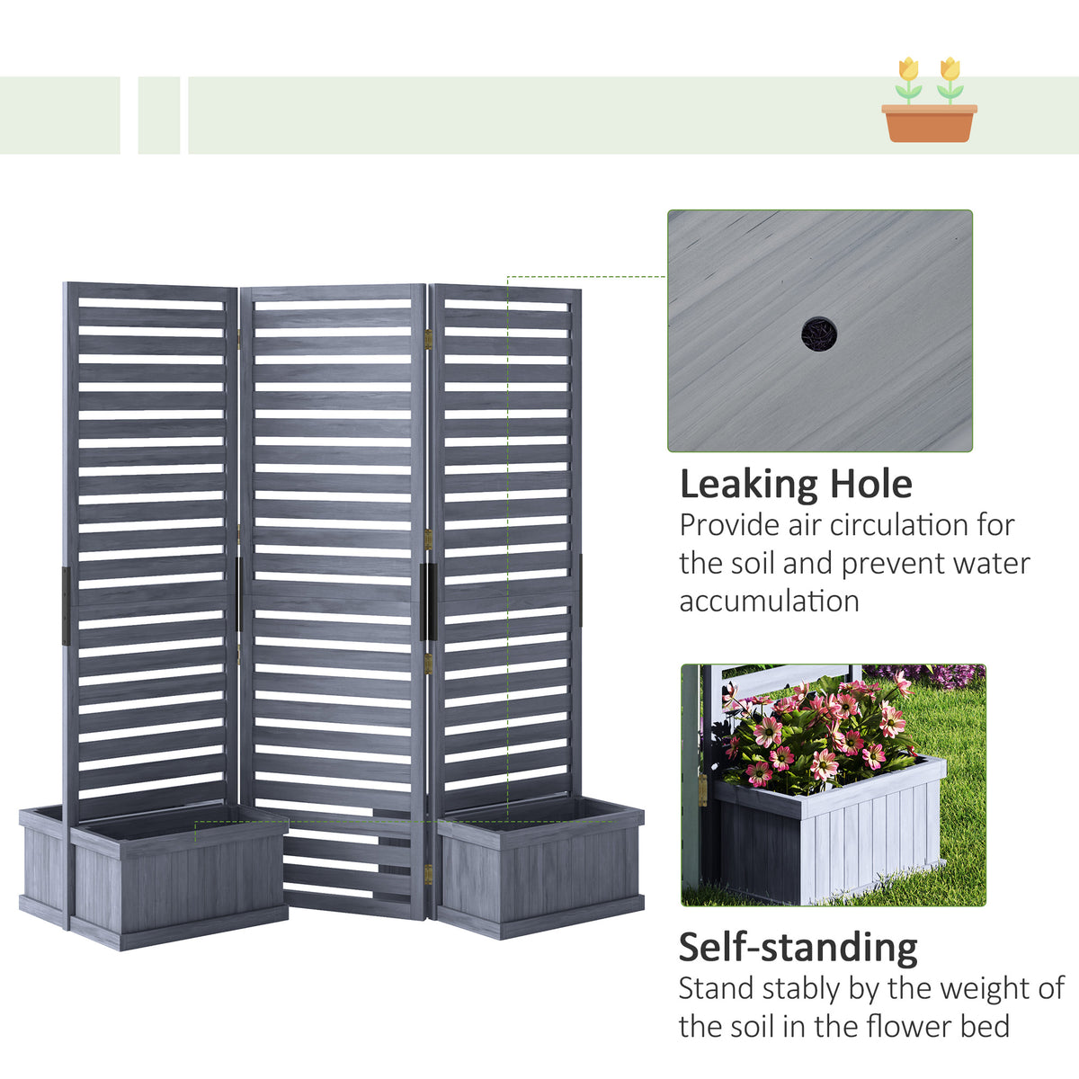 Outdoor Privacy Screen Wood Privacy Panel with 4 Planter Boxes, Raised Bed with 3 Panels, Drainage Holes – view 12