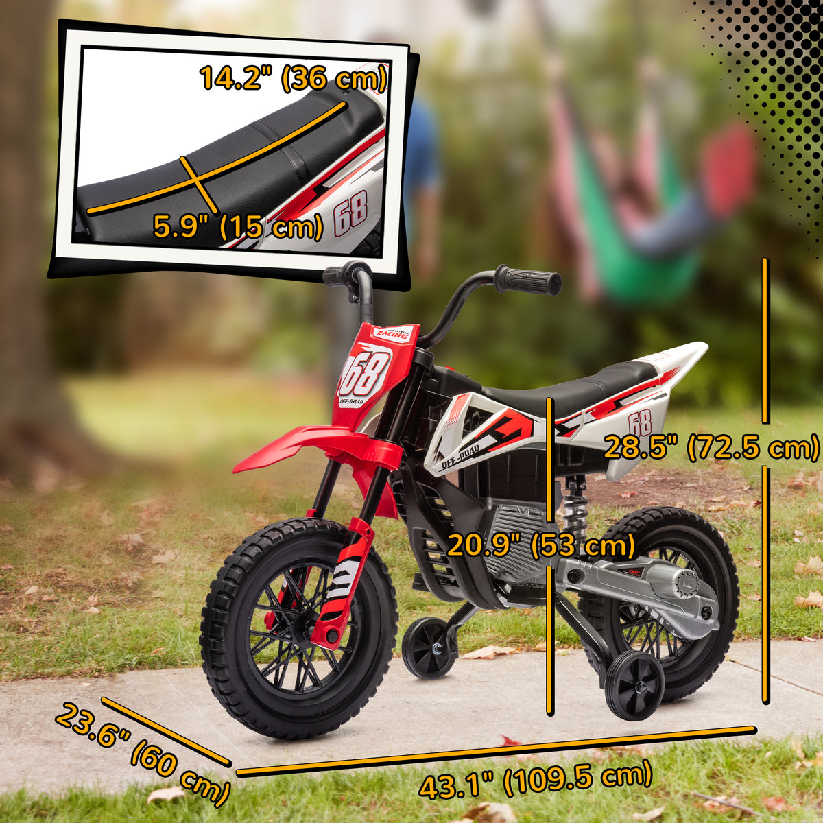Qaba 12V Kids Dirt Bike, Electric Motorcycle with Twist Grip Throttle, Training Wheels, Rear Suspension & Music