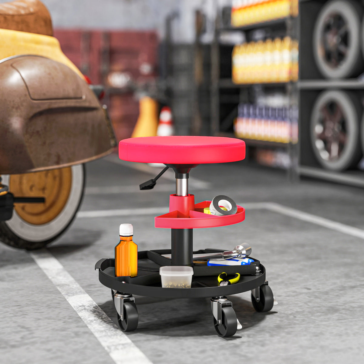 Rolling Garage Stool, 300 LBS Capacity Mechanic Stool with 2.5" Wheels, Tool Trays Storage – view 7