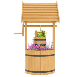 Wood Wishing Well Outdoor Wooden Planter with Hanging Bucket and Drainage Hole for Garden, Patio, Backyard, Natural