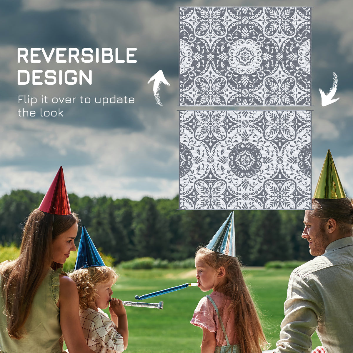 Portable Outdoor Rug with Carry Bag, 9' x 12' Reversible Mat, Waterproof Plastic Straw RV Rug for Backyard, Deck, Picnic, Beach, Camping, Blue & White Flower