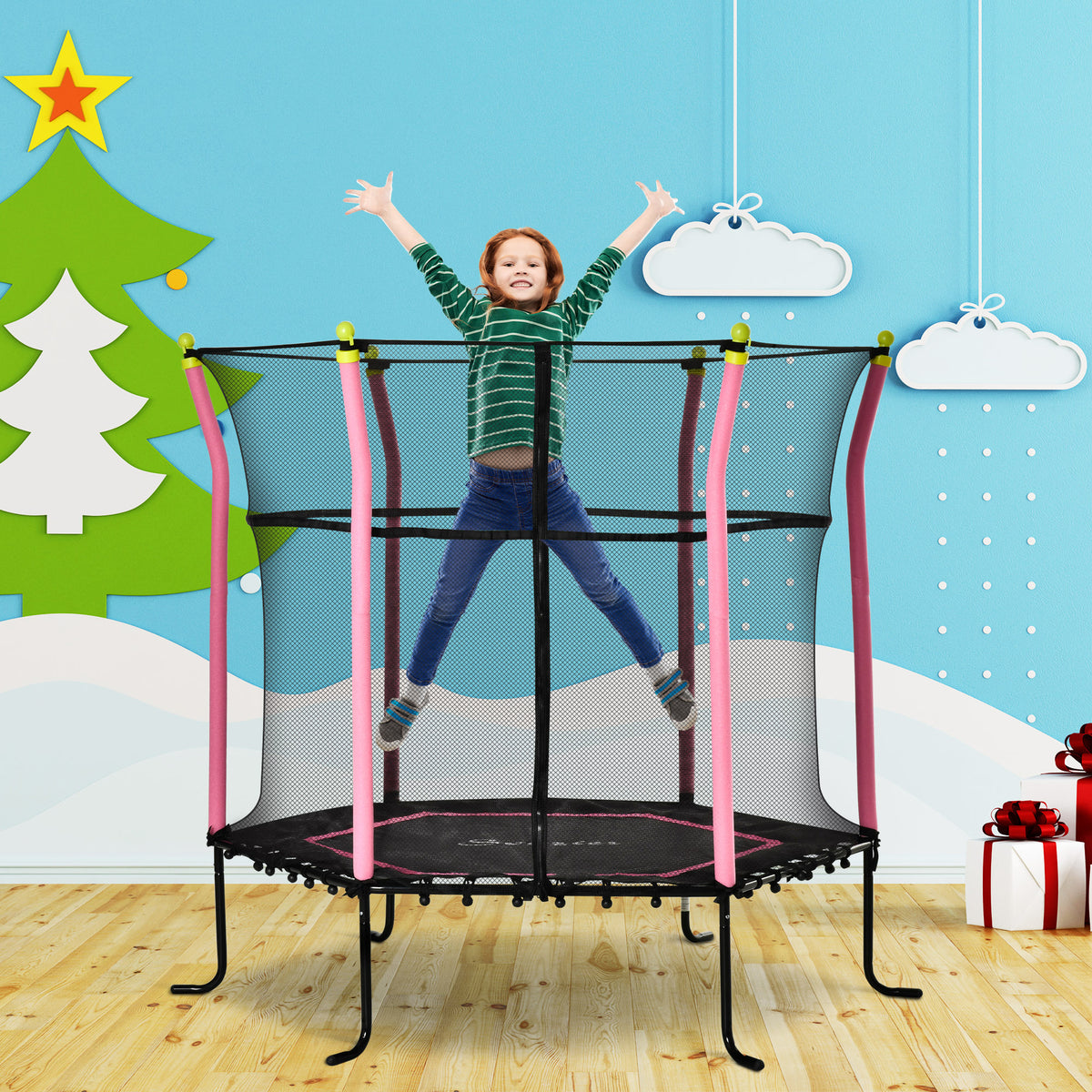 Soozier 63" Kids Trampoline Mini Indoor Bouncer Jumper with Enclosure Net Elastic Thick Padded Pole Gift for Child Toddler Age 3-6 Years Old