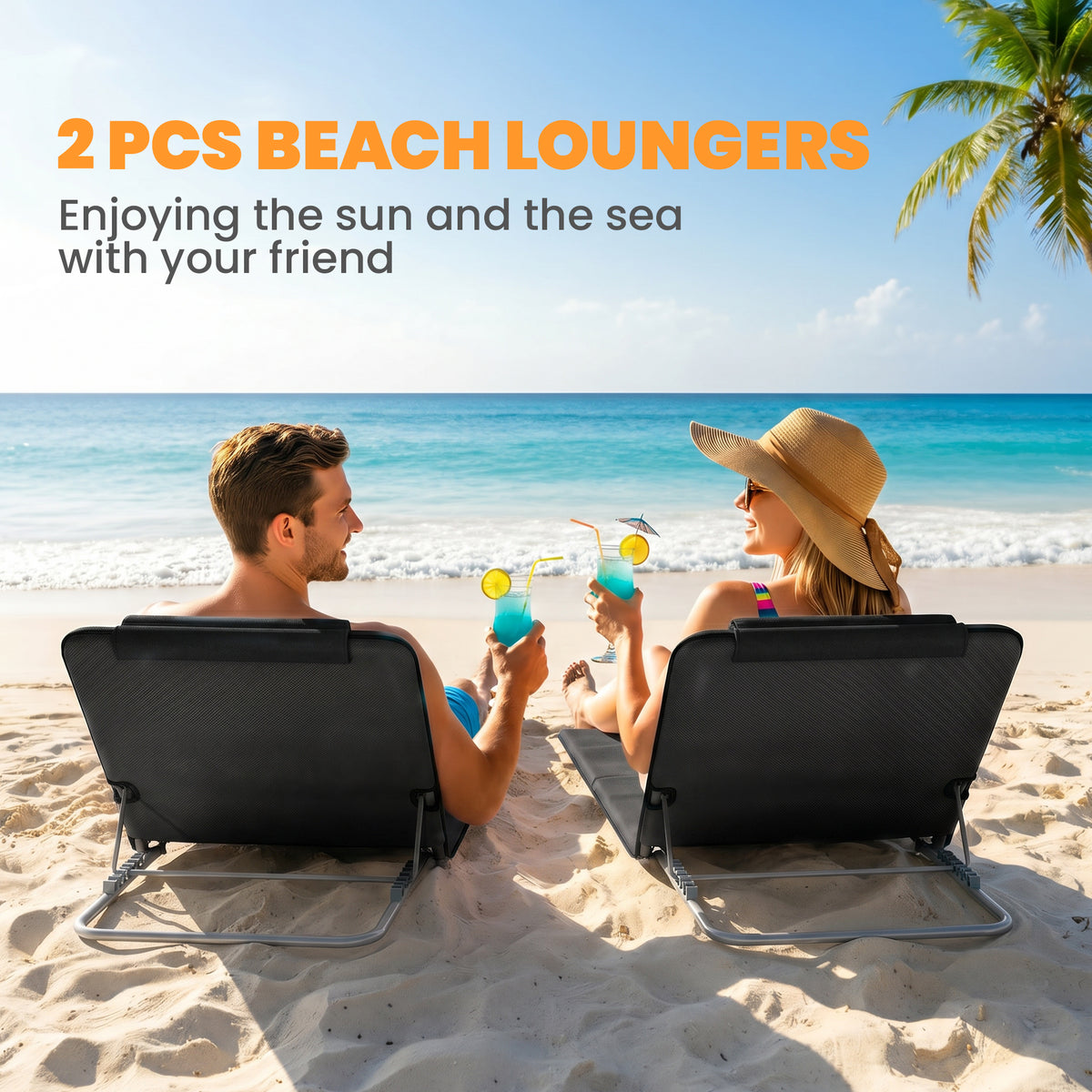 2 Pieces Beach Lounge Chair, Outdoor Folding Chaise Lounge Set w/ Pillow for Sunbath, Snap, Beige – view 10