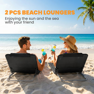 2 Pieces Beach Lounge Chair, Outdoor Folding Chaise Lounge Set w/ Pillow for Sunbath, Snap, Beige – view 10