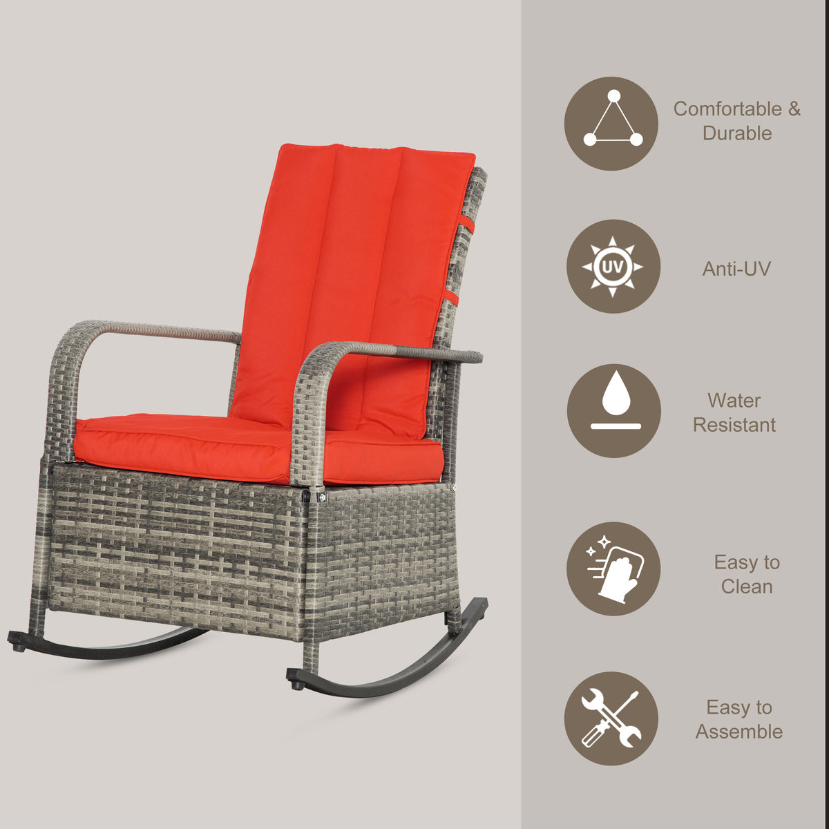 Outdoor Wicker Rocking Chair with Cushion, Patio PE Rattan Recliner Chair with Adjustable Footrest – view 17