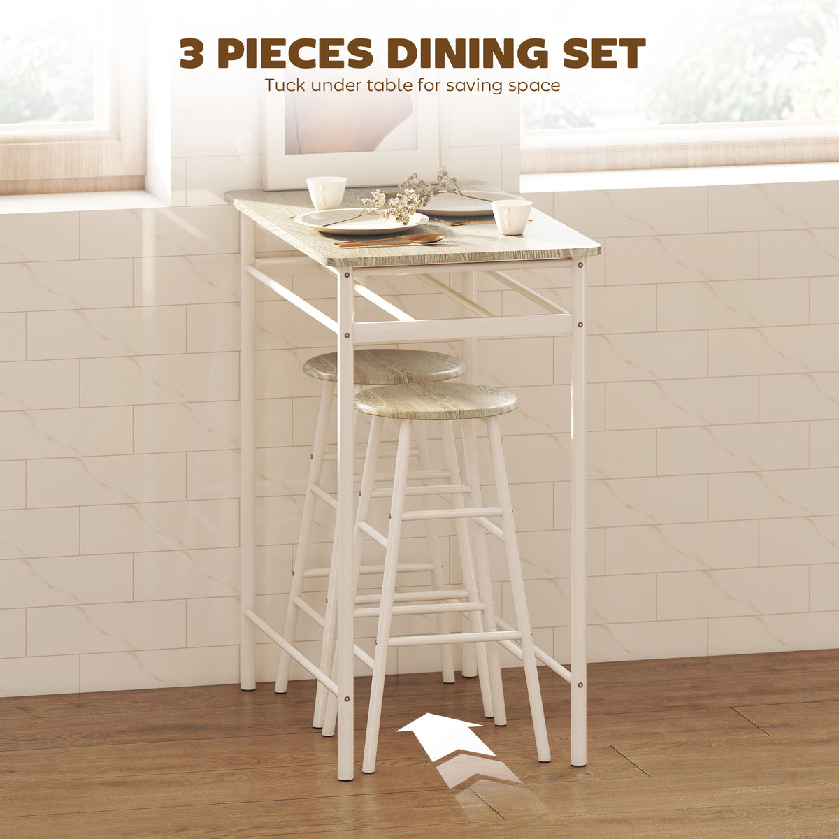 3 Piece Counter Height Bar Table Set with 1 Table, 2 Matching Stools, Dining Table Set with Storage Shelf and Metal Frame Footrest, Black and Oak