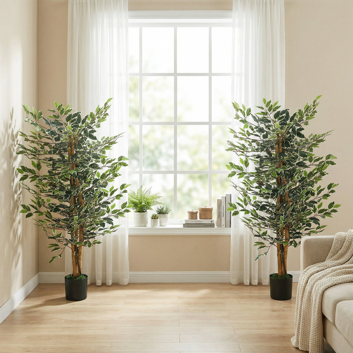 Artificial Tree, Fake Ficus Tree with Leaves, Faux Plant in Nursery Pot for Indoor Decoration