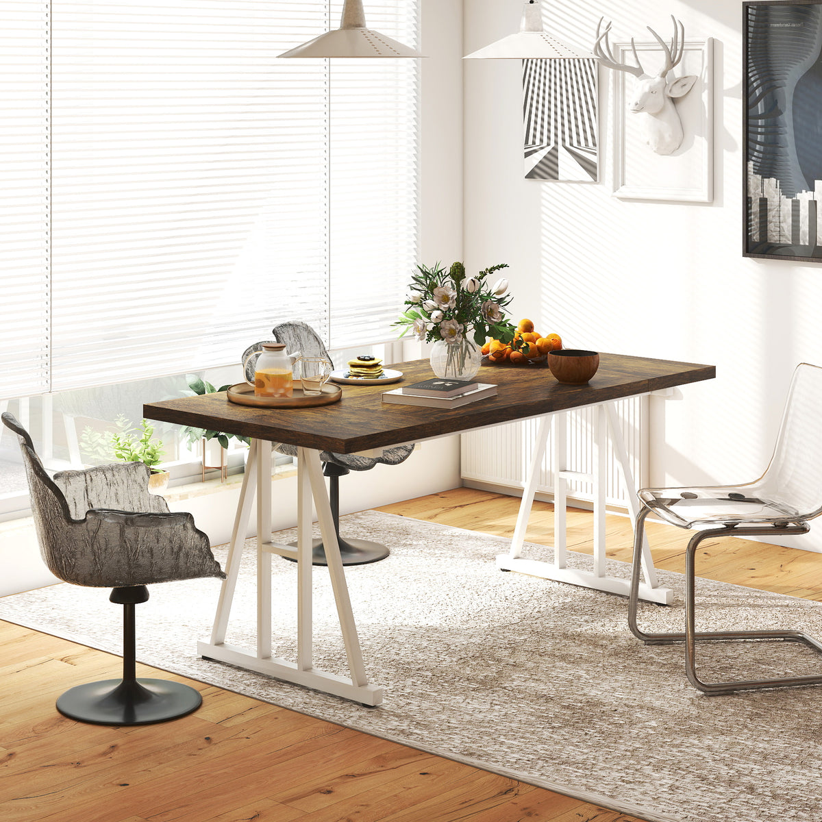 Farmhouse Kitchen Table for 8, Rectangular Dining Table with Thick Tabletop and Steel Trestle Legs, Brown and White