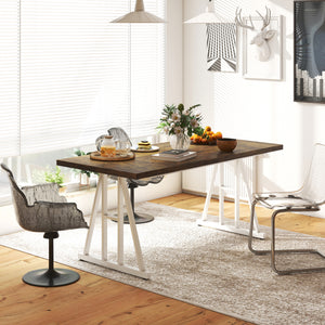 Farmhouse Kitchen Table for 8, Rectangular Dining Table with Thick Tabletop and Steel Trestle Legs, Brown and White