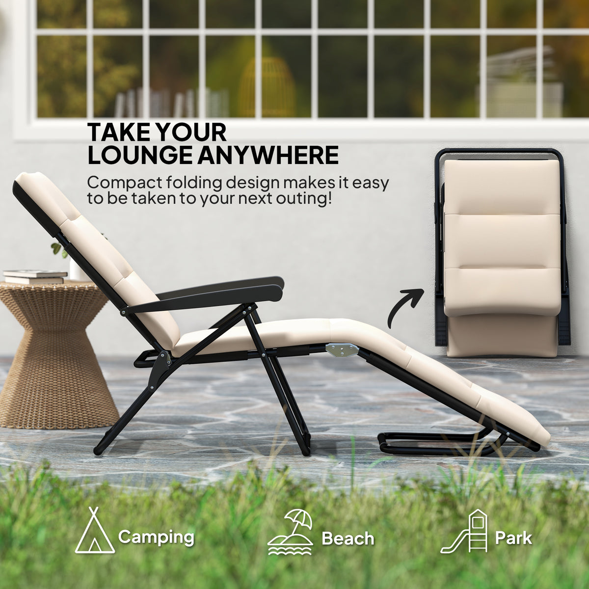 Foldable Lounge Chair, Reclining Patio Sun Lounger with 6-Position Adjustable Back, Blue and White