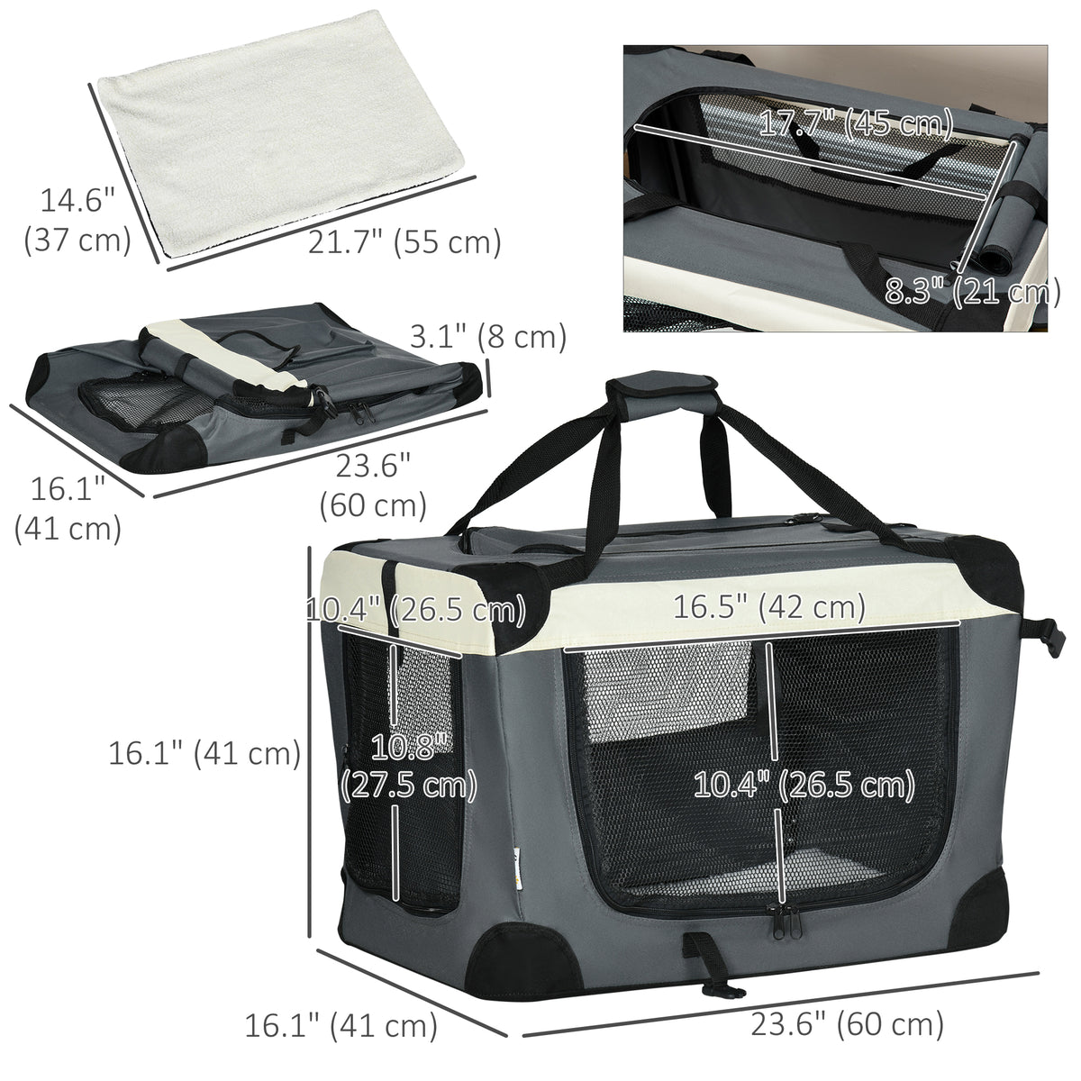 24" Foldable Pet Carrier with Removable Mat, Breathable Mesh, Soft Side Pet Travel Crate for Cat & Miniature Dogs, Grey