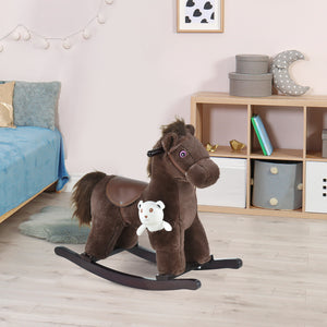 Qaba Kids Rocking Horse Plush Animal on Wooden Rockers with Sounds, Wooden Base and Bear Toy, Baby Rocking Chair