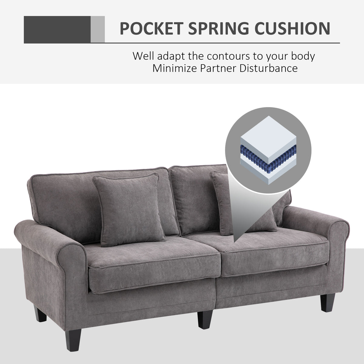 Modern 3 Seater Sofa, Corduroy Fabric 3 Seater Couch with Pine Wood Legs and Rolled Armrests for Living – view 19