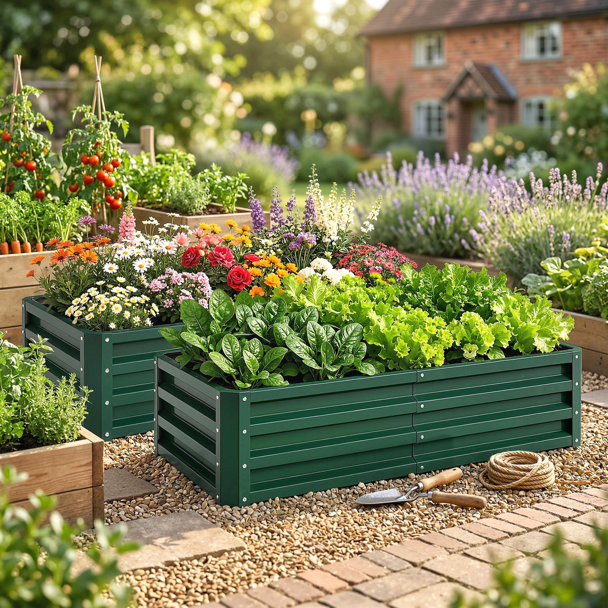 4' x 2' x 1' Raised Garden Bed, Set of 2 Galvanized Planter Box for Vegetables, Flowers, Herbs, Green