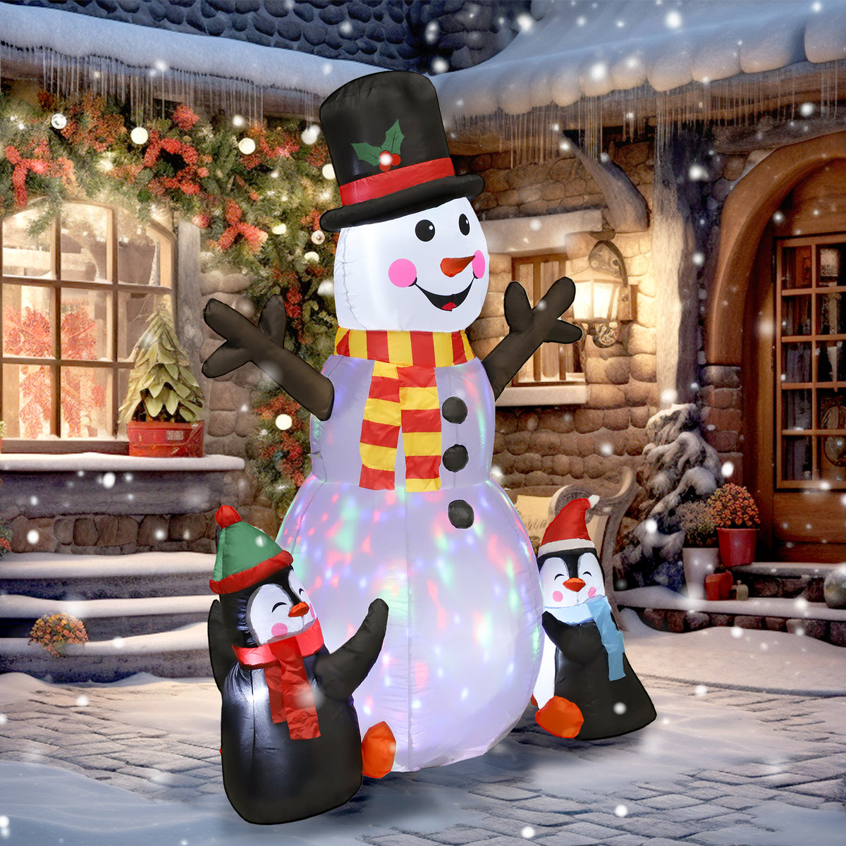 6FT Christmas Inflatables Snowman & Penguins with LED Lights and Flashing Projector Light, Blow Up Inflatable Decoration