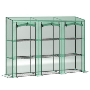 Lean-to Greenhouse with 3 Tier Shelves, Mini Greenhouse with 3 Roll-Up Doors for Indoor Outdoor, Green