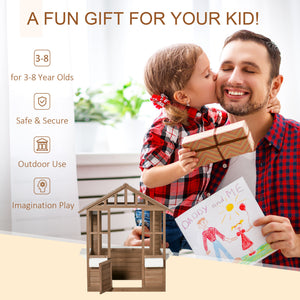 Kids Wooden Playhouse, Outdoor Garden Games Cottage with Flowers Pot Holder, Working Door, Windows, Brown