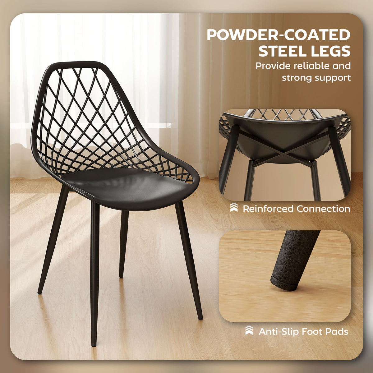 Modern Dining Chairs Set of 4, Plastic Kitchen Chairs with Hollow Backrest and Metal Legs for Living Dining Room, Black