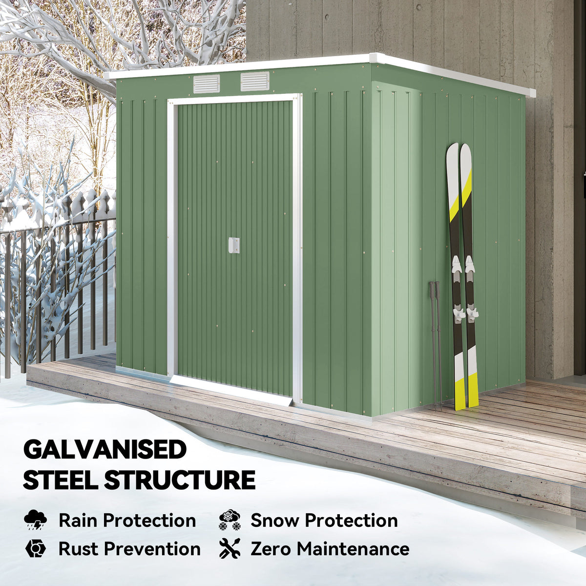 7' x 4' Galvanised Steel Garden Shed, with Foundation Kit - Green – view 3