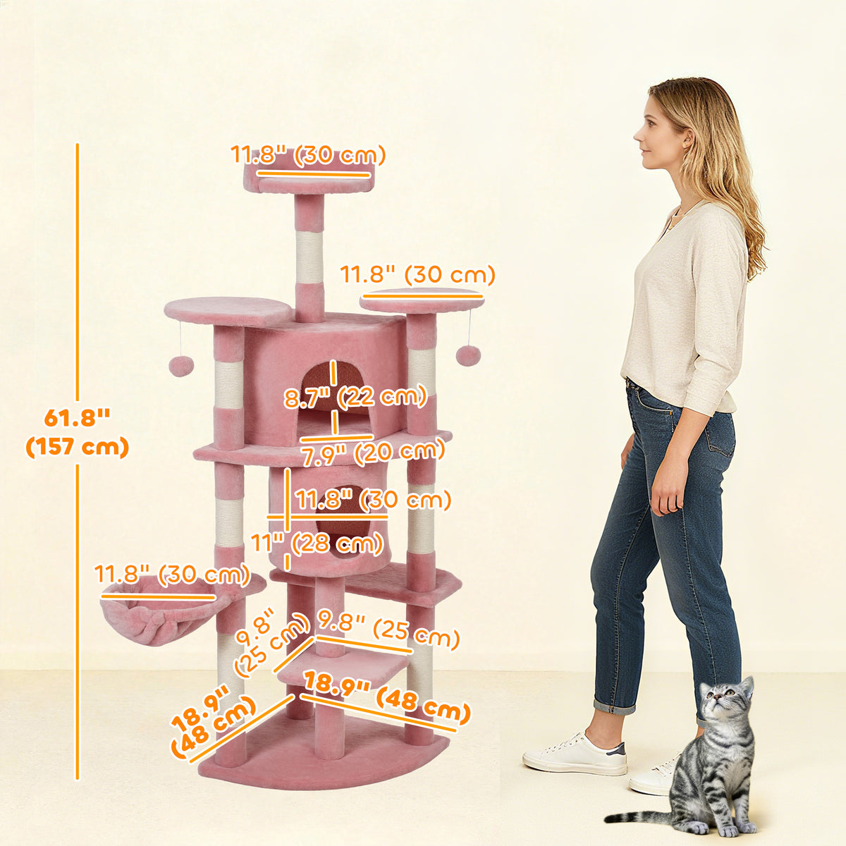 62" Cat Tree with Scratching Post, 2 Condos, Hammock, Perches, Plush, Pompoms, for Indoor Cats, Beige – view 23