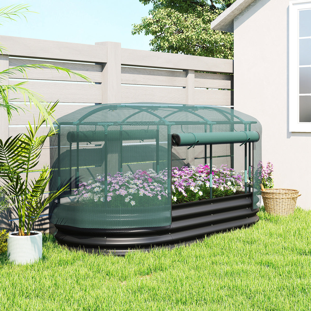 6' x 3' Galvanized Raised Garden Bed with Crop Cage Net Cover and Watering System, Outdoor Planter Box, Dark Grey