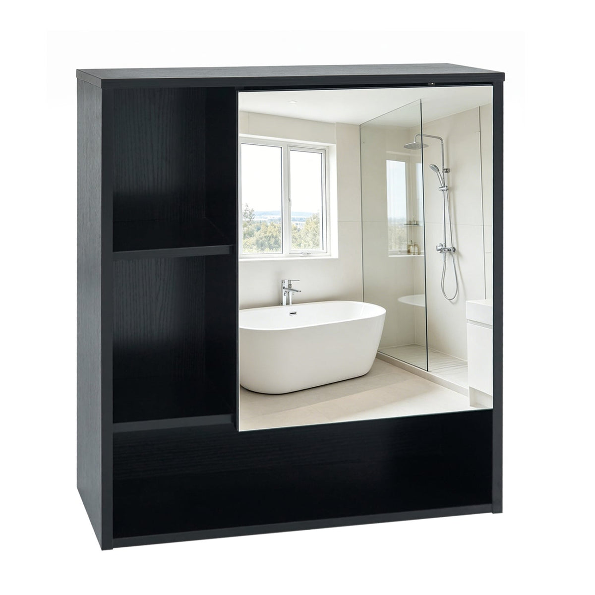 Wall-Mounted Mirror Cabinet with 2 Hidden Shelves and 3 Open Compartments-Black