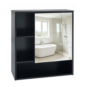 Wall-Mounted Mirror Cabinet with 2 Hidden Shelves and 3 Open Compartments-Black