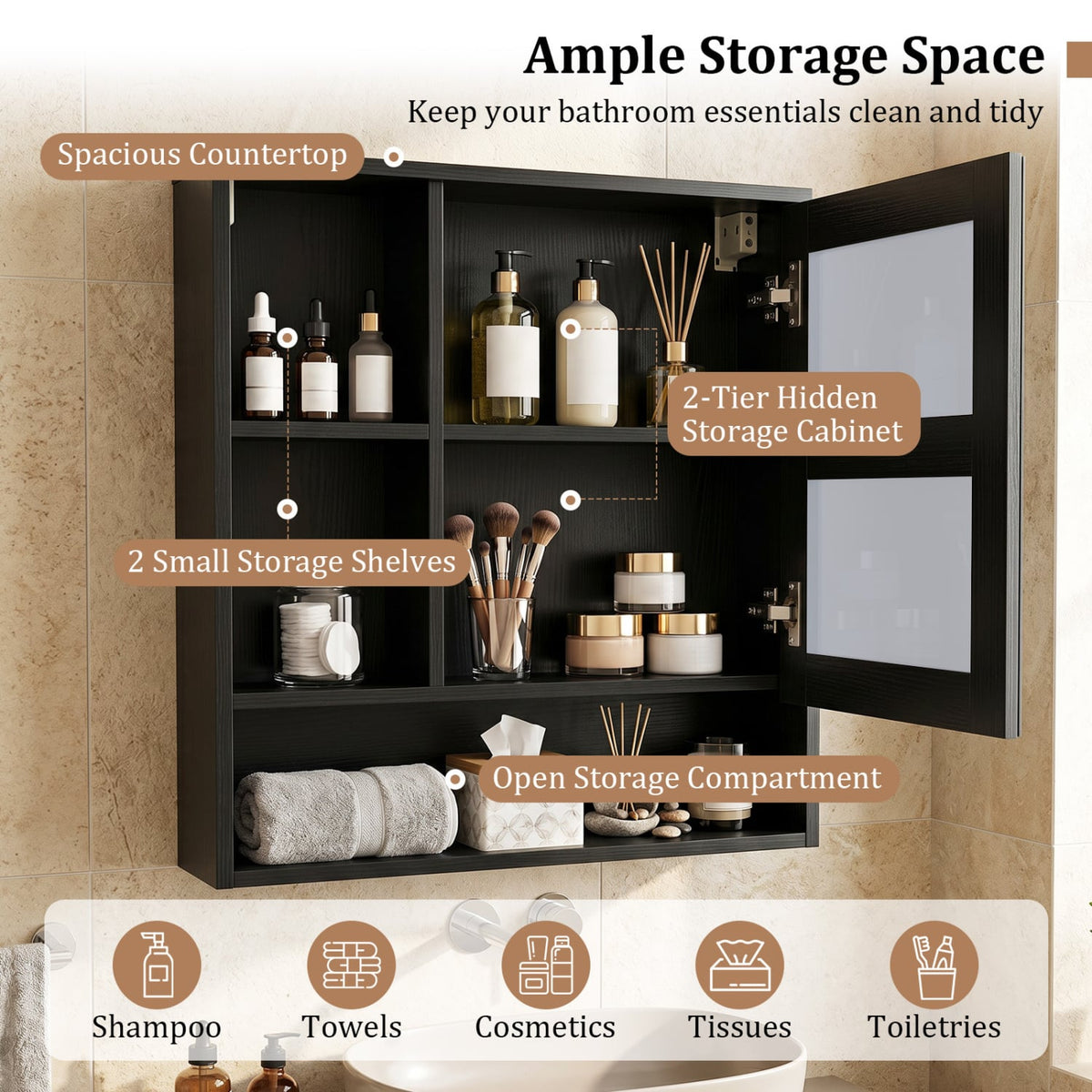 Wall-Mounted Mirror Cabinet with 2 Hidden Shelves and 3 Open Compartments-Black view 7