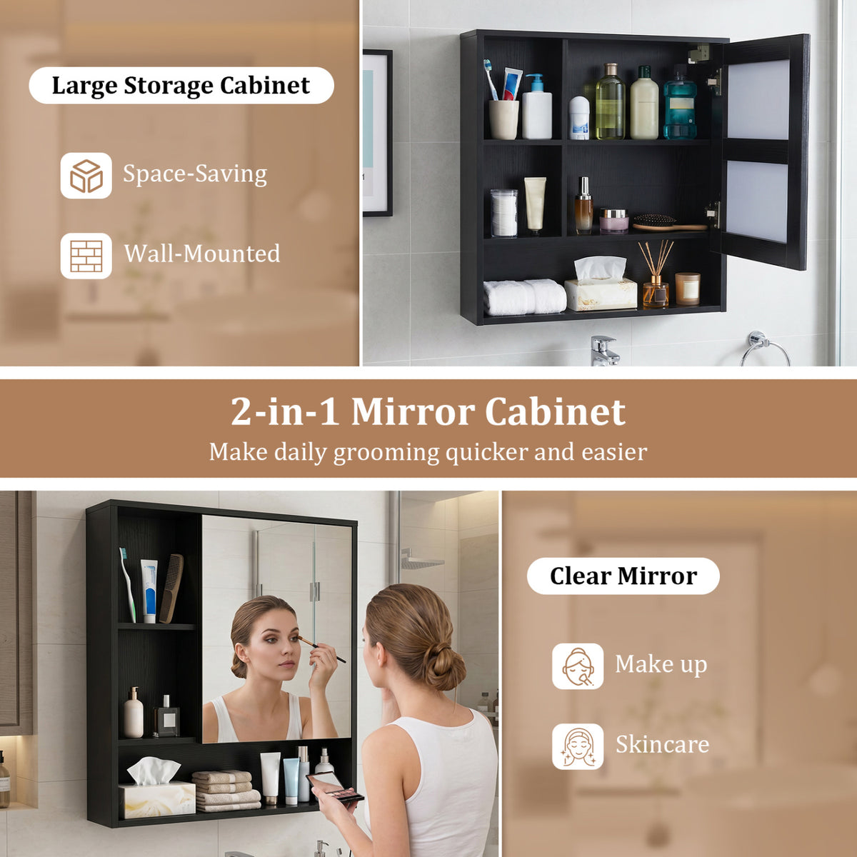 Wall-Mounted Mirror Cabinet with 2 Hidden Shelves and 3 Open Compartments-Black view 8