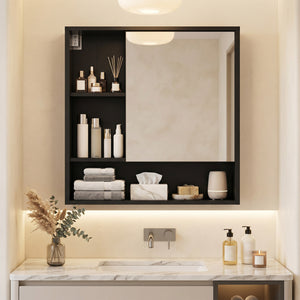 Wall-Mounted Mirror Cabinet with 2 Hidden Shelves and 3 Open Compartments-Black view 3