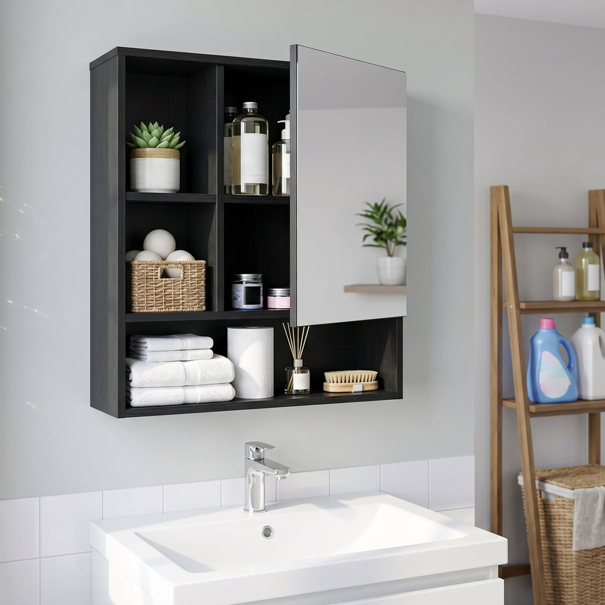 Wall-Mounted Mirror Cabinet with 2 Hidden Shelves and 3 Open Compartments-Black view 2