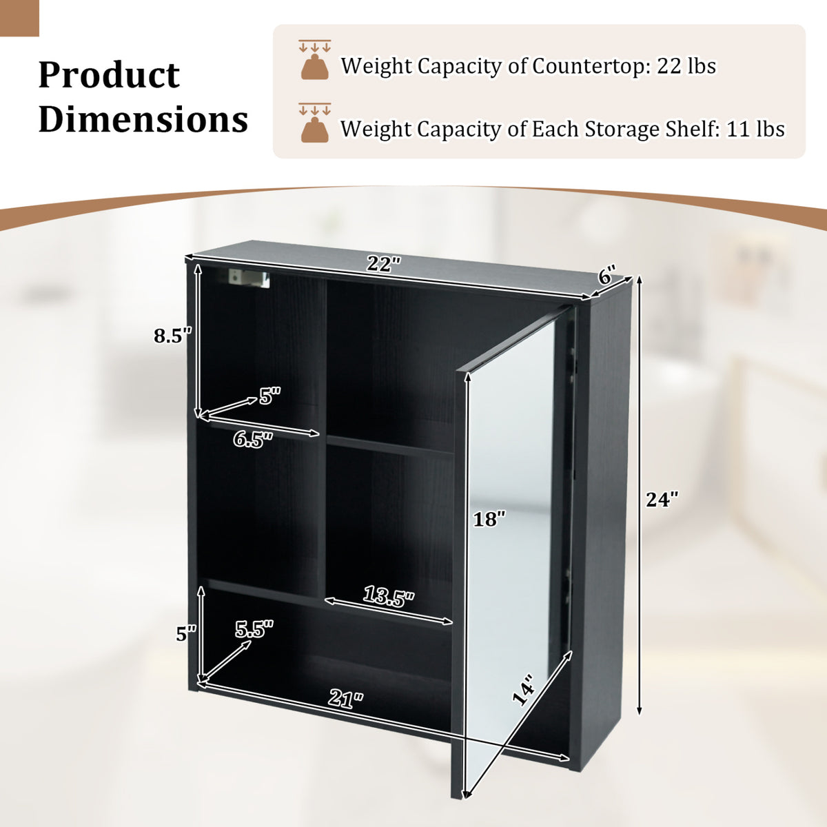 Wall-Mounted Mirror Cabinet with 2 Hidden Shelves and 3 Open Compartments-Black view 5